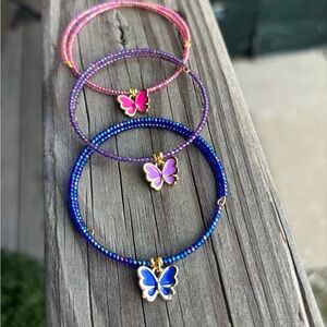 Handmade Butterfly Charm Beaded Bracelets Set - Pink, Purple, Blue